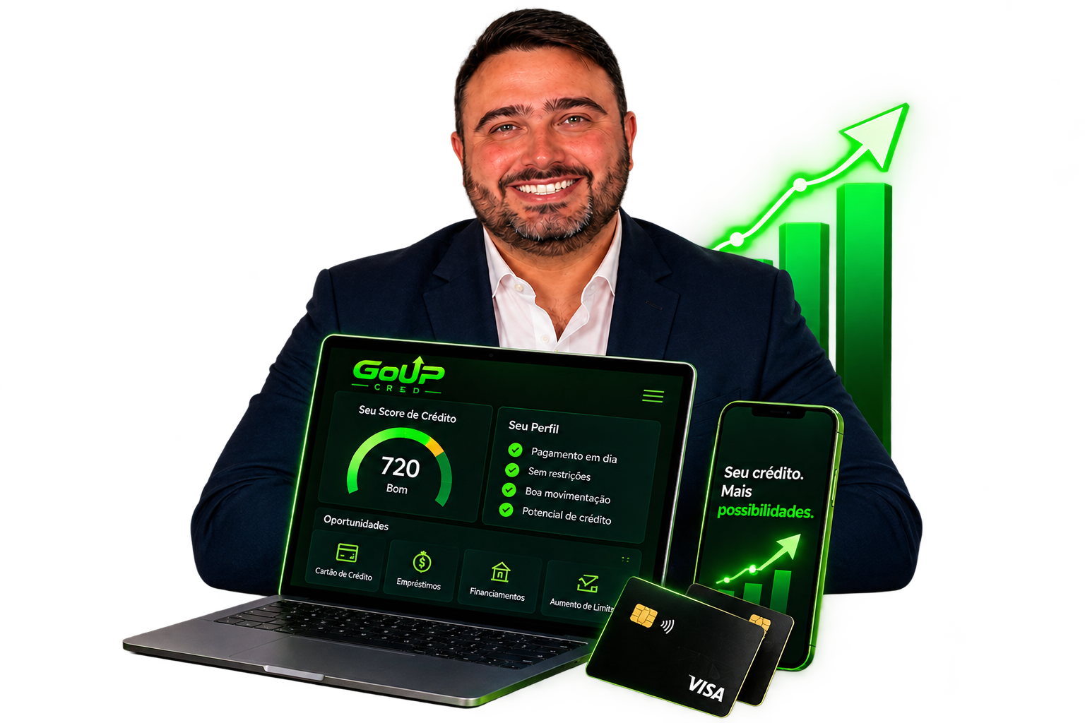 Consultor GoUP CRED com notebook, celular, cartões e gráfico de crescimento